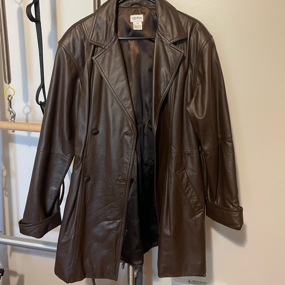 Vintage Together Brown Genuine Leather Belted Coat | Size M